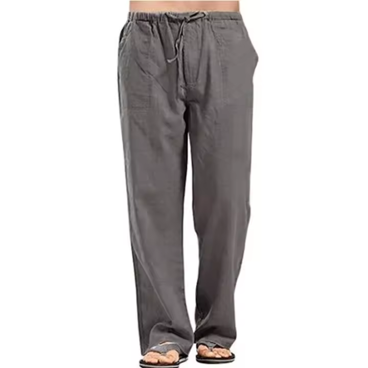 Men's Cotton Linen Pants Summer Solid Color Breathable Linen Trousers Male Casual Elastic Waist Fitness Pants - 1