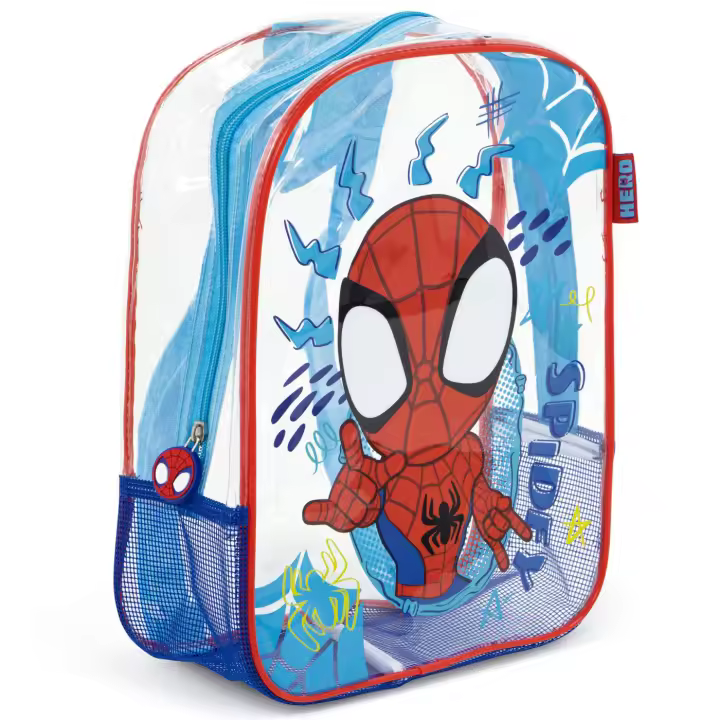 Mochila de Playa Spidey 31cm, Bolsa Playa Transparente con Rejilla Spidey Marvel, Mochila Infantil para Niños, Regalo Cumpleaños, Piscina, Camping, Campamento, Vacaciones, Color Azul - 1