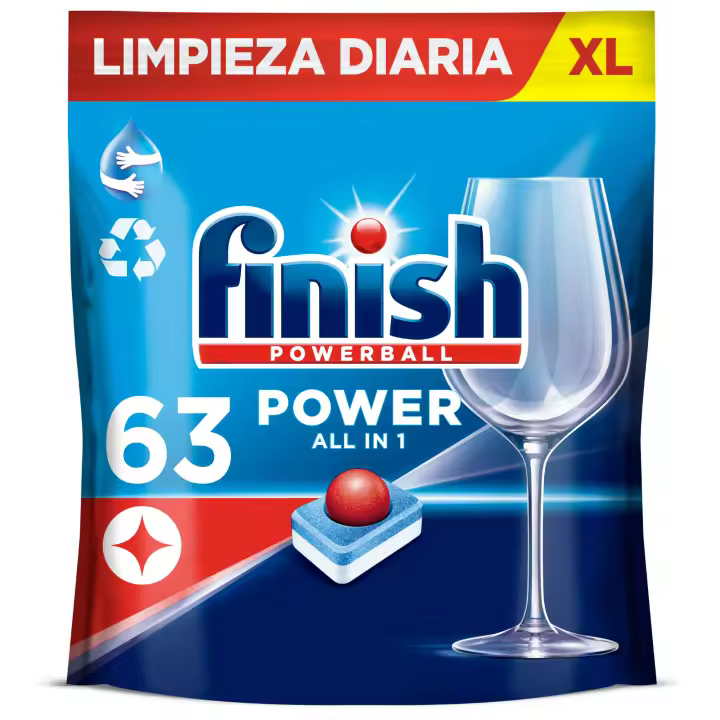 Finish Powerball Power All in 1 Pastillas para lavavajillas Regular 63 Pastillas, Limpieza y Brillo Diario - 1