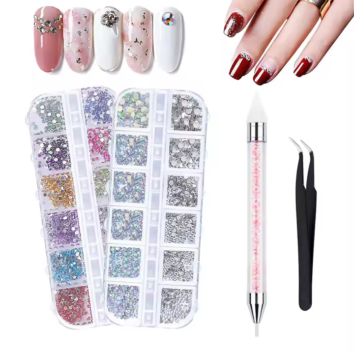 Kit De Decoración De Uñas Con 2 Cajas De Rhinestones De Cristal Flatback Y Gemas De Brillo Accesorios Con Pinzas Y Pluma De Selección Para Arte De Uñas - 1