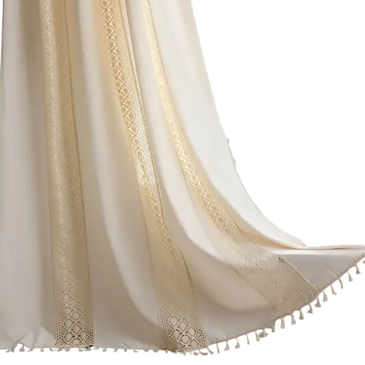 Cortina corta Boho Bistro beige con borlas, Estilo Granja vintage - 1
