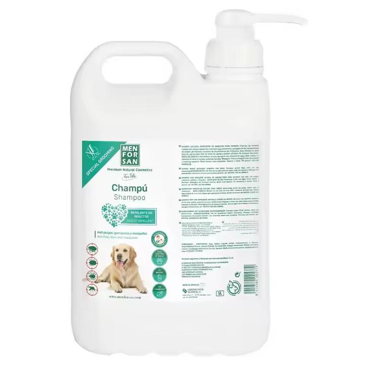 Champú Menforsan Citronela Insecticida para Perros 5 litros, Limpia y protege el pelo de tu perro contra mosquitos, pulgas y garrapatas - 1