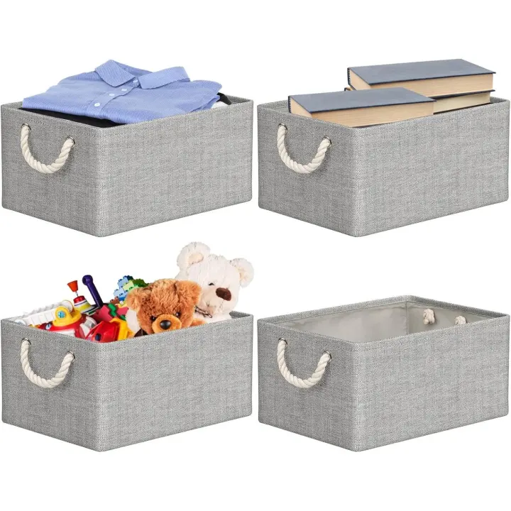 Juego de 4 Cajas Almacenaje,Cestas Organizadoras de Tela con Asas y Cubierta con Cordón, Cajas Almacenamiento Plegable para Ropa, Juguetes,Libros,Armario y Estanterías - 1