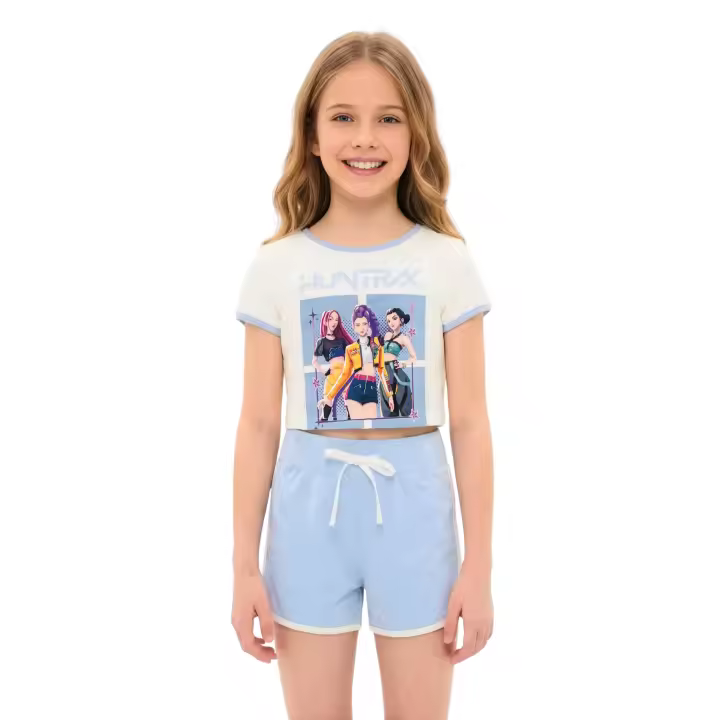 Conjunto K-Pop para Niña: Camiseta Crop de Manga Corta y Pantalón Corto de Chándal. Estilo Coreano Infantil Huntrix, Ropa de Verano - 1