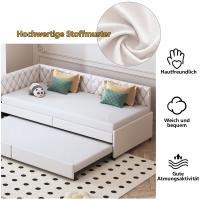 Cama Nido Infantil Juvenil 90x200 cm Tapizada en Terciopelo Beige/Gris, Cama Extensible con Cama Auxiliar Extraíble, Cabecero Capitoné y Somier de Láminas - details 2