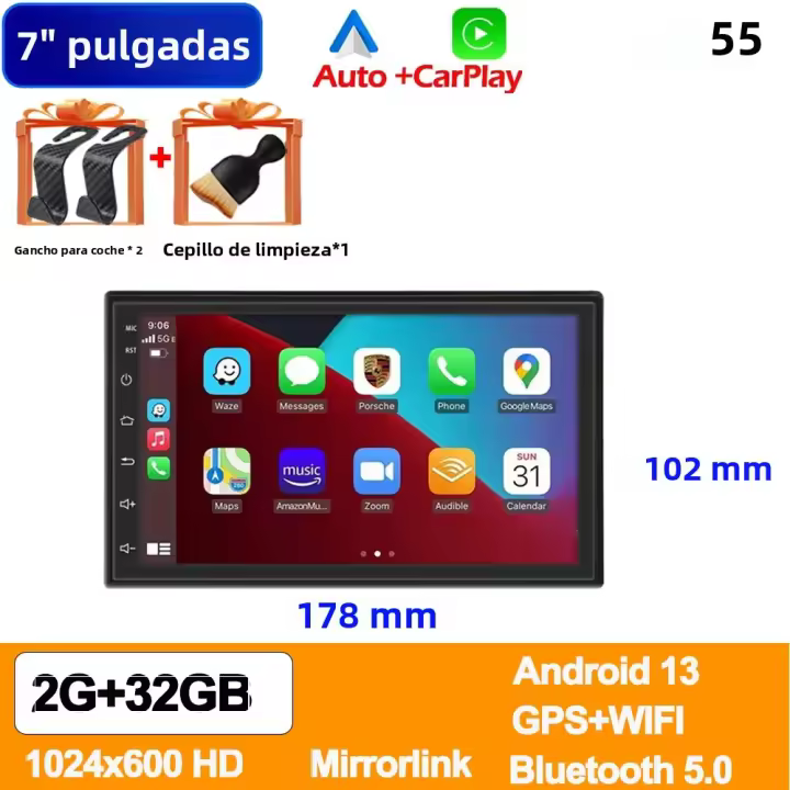 Reproductor Multimedia Para Coche Android 13 2 Din Con Android Auto Carplay GPS Wifi BT Pantalla IPS Universal 7/9/10 Pulgadas RAM 2G - 1