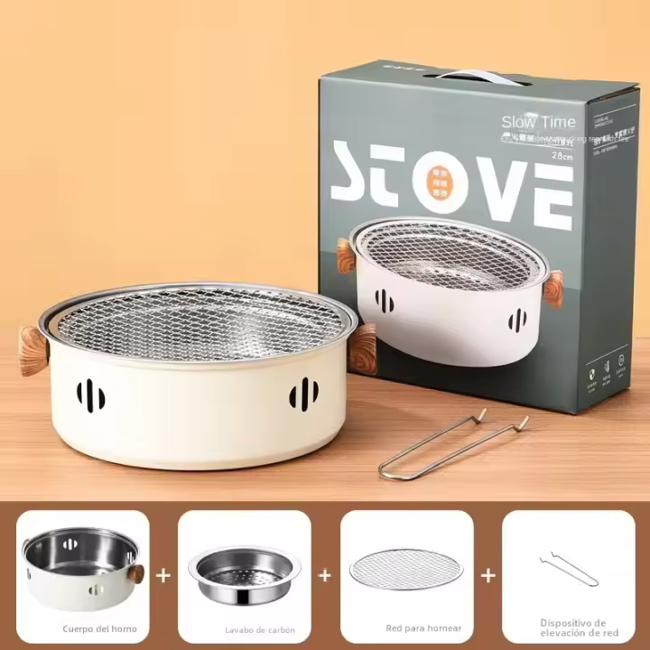 Estufa De Barbacoa Redonda Portátil De 28cm Con Asador De Malla De Acero Inoxidable Y Olla Antidesbordamiento Para Camping Y Uso Doméstico - 1