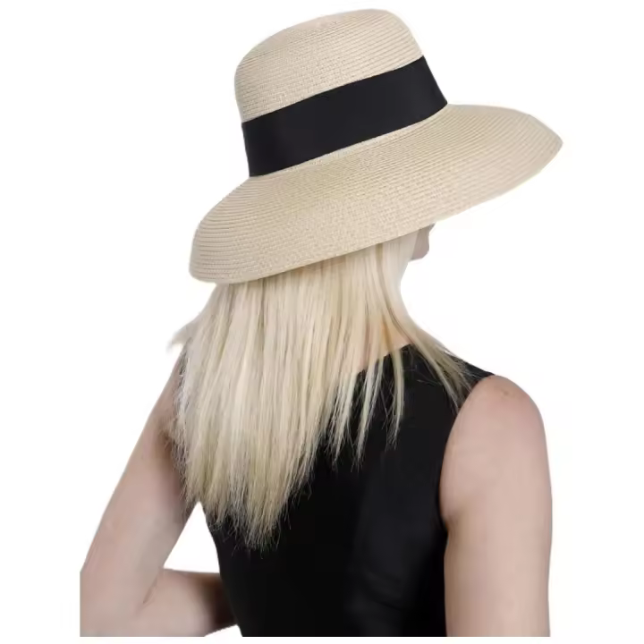 Kebedo Moda Sombrero de Paja Plegable de ala Ancha para Mujer, Sombrero Grande Transpirables con cinta Negra decorativa, Protección UV, Pamela Grande Beige para Sol, Verano, Playa, Viajes y Vacaciones, Talla Única Ajustable para Mujer Adulto 56-57CM - 1
