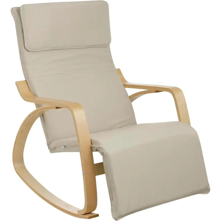 Silla Mecedora de Interior con Reposabrazos de Madera para Salón, Dormitorio, Sillón Mecedora Ergonómica de Tela con Reposacabezas y Reposapiés Regulable 5 Alturas, Máx. 150 Kg, Beige - 1