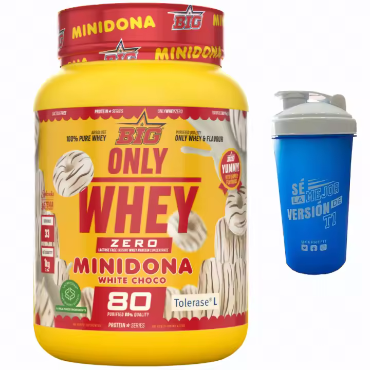 ONLY WHEY (1KG)  Minidona Choco Blanco - Big + 1 Mezclador regalo  Baja en lactosa   Baja en grasas  Calidad garantizada   Deliciosa - 1