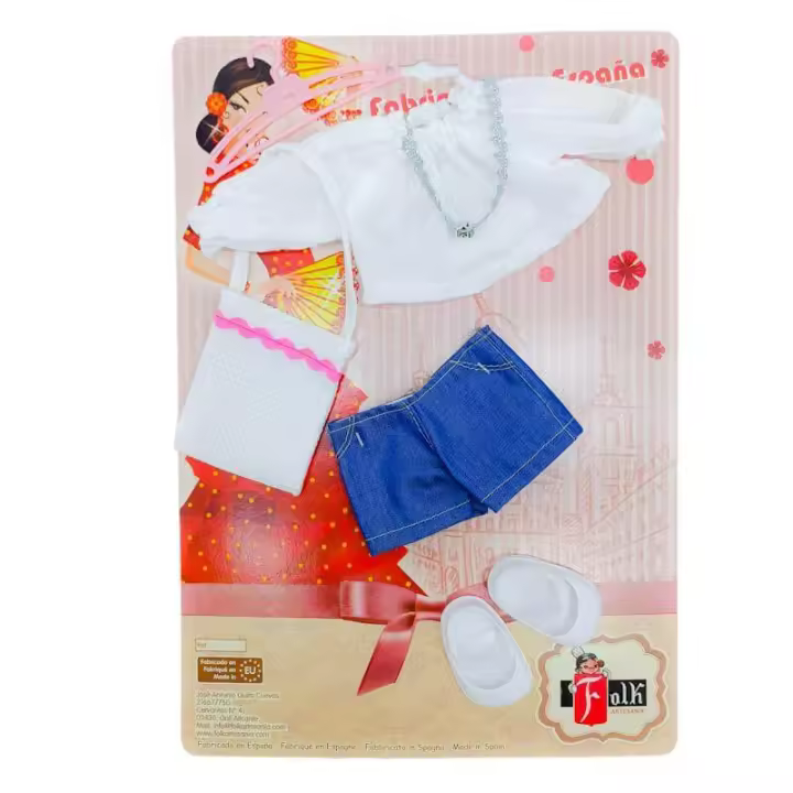 Set ropa muñeca Folk Artesanía blusa, jeans y bolso para muñecas colección Sintra, Simona, Mari's, Pepa's o Naia 41 cm. - 1