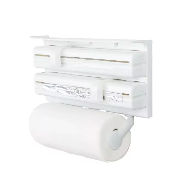 X-Dispensador de Pared 3 en 1 para Cocina – Soporte Portarrollos Blanco con Cortador de Film, Papel Aluminio y Papel Cocina, Dispensador ABS Multifuncional para Organizar y Ahorrar Espacio - 1
