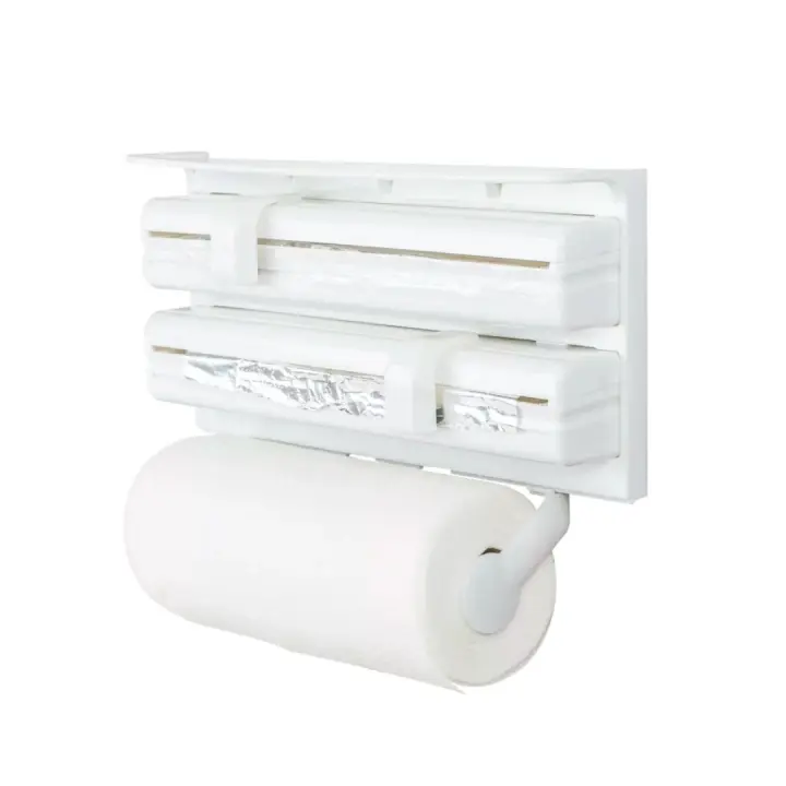 X-Dispensador de Pared 3 en 1 para Cocina – Soporte Portarrollos Blanco con Cortador de Film, Papel Aluminio y Papel Cocina, Dispensador ABS Multifuncional para Organizar y Ahorrar Espacio - 1