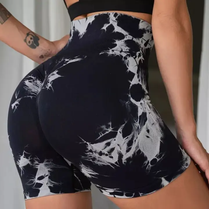 Shorts De Yoga Para Mujer Con Estampado De Tie-Dye High Elasticidad Shorts Deportivos Push up Para Gimnasio Correr Y Fitness Leggings Cortos Sin Costuras De Nylon - 1