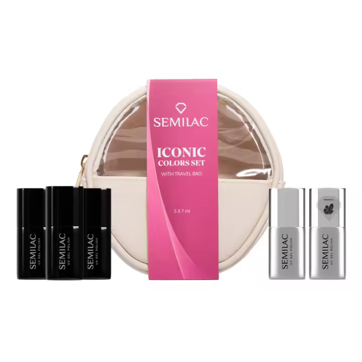 Semilac Iconic Colors Set con Neceser de Viaje. Un set de bestsellers de SEMILAC y una novedad, Jelly Cherry, todo empacado en un neceser de viaje de alta calidad de SEMILAC. - 1