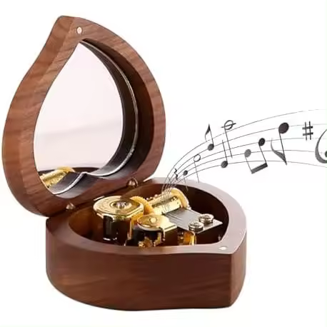 Érase una vez una caja de música de diciembre en forma de corazón de nogal, regalos musicales de 18 notas con movimiento musical dorado, regalo para aniversario de Navidad - 1