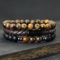 Set De 3 Pulseras Para Hombre Noter 8mm Piedra Natural De Onix Y Ojos De Tigre Con Cierre Magnético En Cuero Pulsera Hombre Regalo - details 2