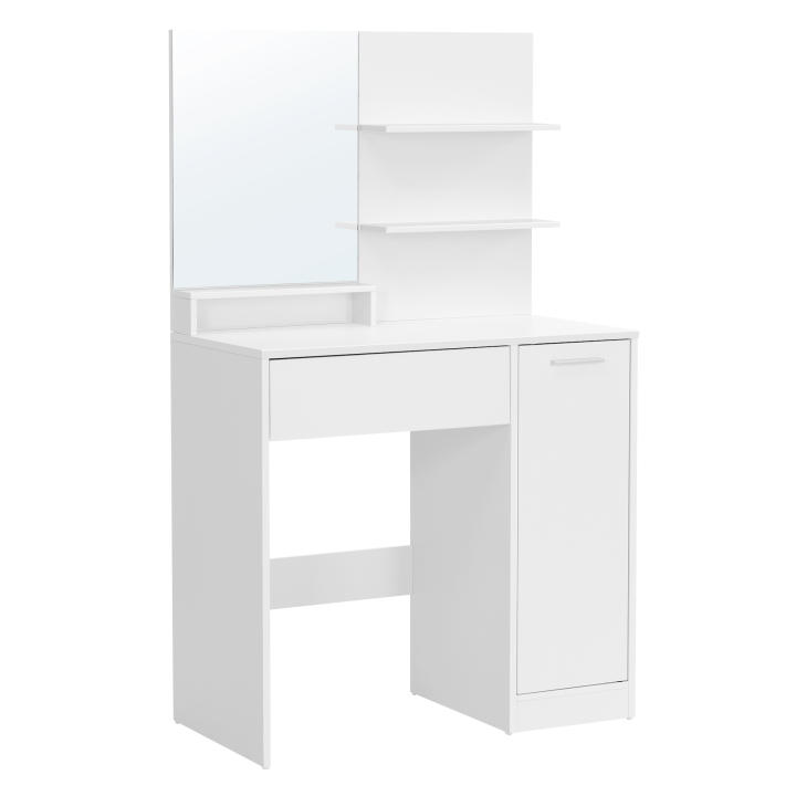 VASAGLE Tocador, Mesa de Maquillaje con Espejo Grande, Gabinete con 2 Estantes Ajustables, 1 Cajón, 2 Estantes Abiertos,Estilo Moderno, Blanco, Regalo de Navidad