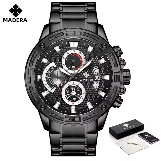 Reloj De Pulsera De Lujo Para Hombre WWOOR En Acero Inoxidable Y Oro Resistente Al Agua Y Shock Con Cronógrafo Y Luz Nocturna - 1