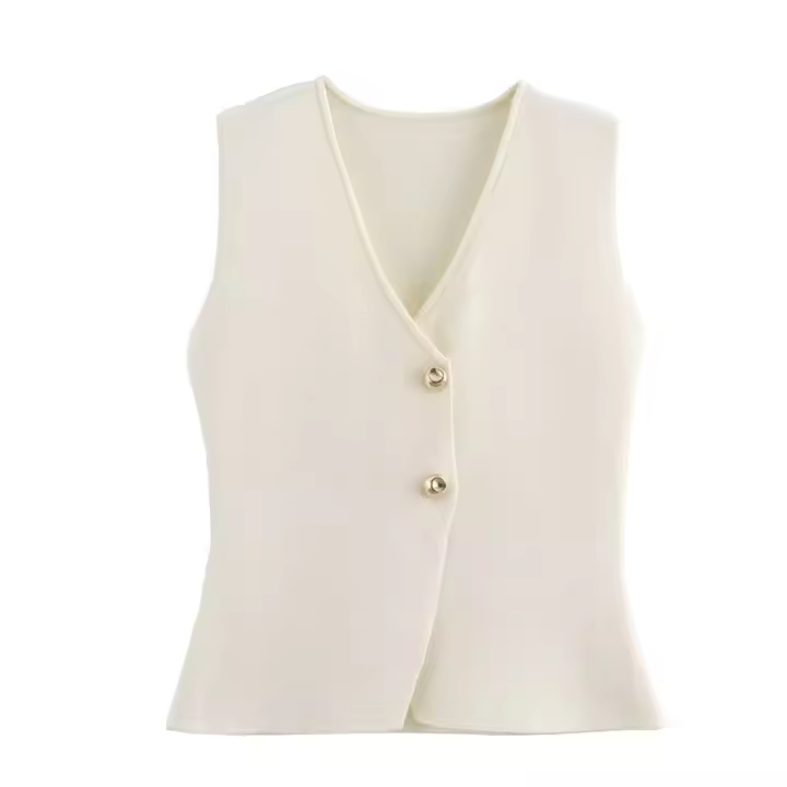 Conjunto De Vestido Y Falda Larga De Punto Para Mujer Estilo Moderno Y Elegante Primavera 2024 Sin Mangas Cuello En V Cierre Único - 1