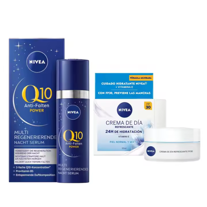Nivea Pack - Serum Noche de recuperación Q10 Power Ultra 30ml + Crema de Día Refrescante con Protección Salar Factor30 -  50ml. - 1