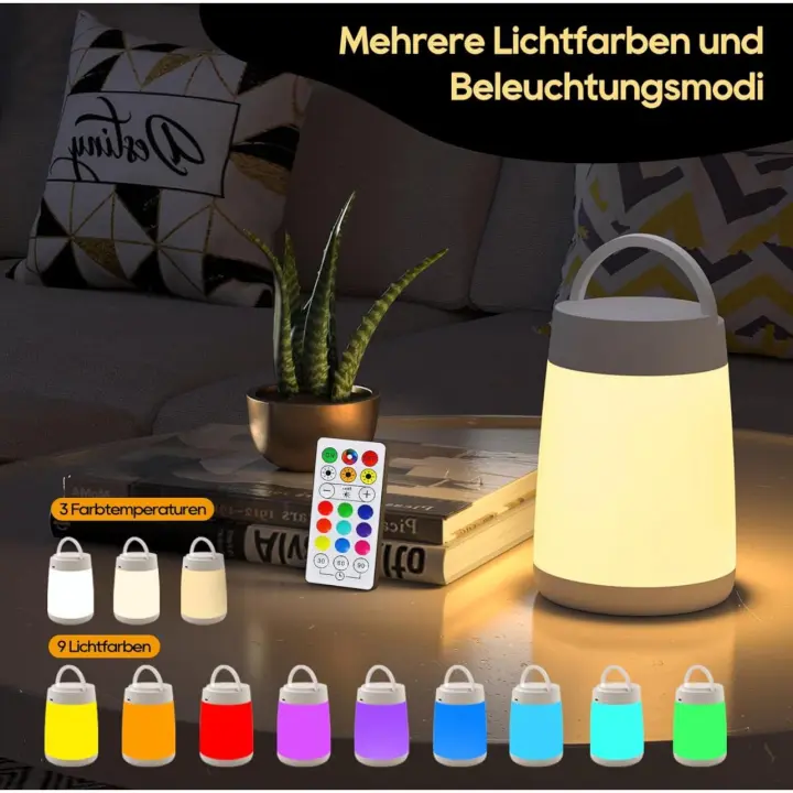 Lampara Táctil de Mesita de Noche, 10 Color Dimmable Luz Nocturna Infantil, Recargable Portátil, Remoto+Temporizador Luz Quitamiedos - 1