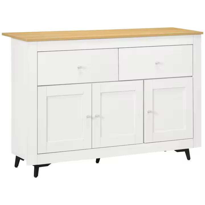 HOMCOM Aparador de Cocina Mueble Auxiliar de Cocina con 2 Cajones 3 Puertas y Estante Interior Ajustable Mueble de TV para Televisores de hasta 50 Pulgadas 117x35x80 cm Blanco - 1