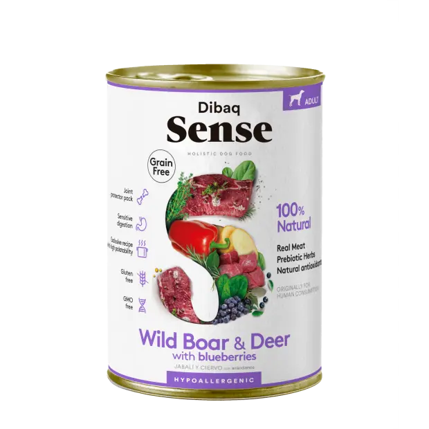 Dibaq Sense Dog, comida húmeda, ciervo y jabalí, sin cereales, pack 3 uds x 380 gr - 1