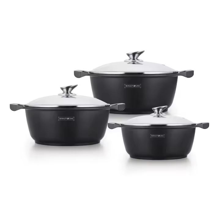 Set de 3 ollas con revestimiento de mármol , tapa de vidrio y mangos de silicona Royalty Line RL-BS1006 - 1