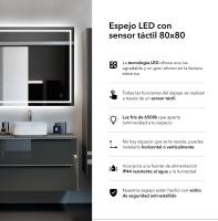 Espejo Baño LED 80x80 cm Cuadrado Luz Regulable, Interruptor Táctil, Impermeable IP44, UBUD - details 0