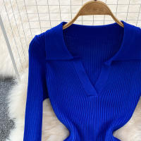 Vestido Largo A-Line Elegante De Cintura Alta Con Escote En V Para Mujer REALEFT Knitted Wrap Vestido De Poliéster Otoño Invierno - details 3