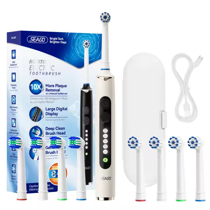 Cepillo De Dientes Eléctrico Giratorio Seago Para Adultos Con 8 Cabezas De Cepillo Y Caja De Viaje Pantalla Inteligente 5 Modos Impermeable SG-2607 - 1