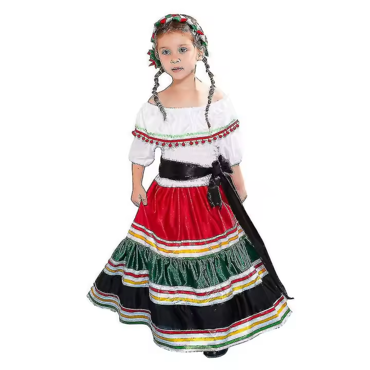 Vestido de juego del día de los muertos, Vestido largo de niña pequeña nacional mexicana para Halloween - 1