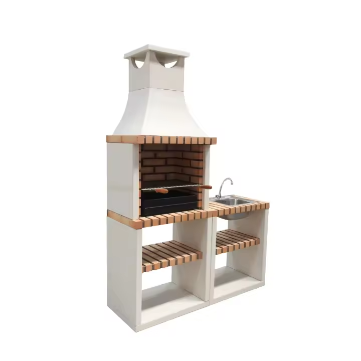 MOVELAR - Barbacoa de Obra Prefabricada para Leña y Carbón Modelo Nola Plus Side stand with sink&tap (Blanco, Naranja - 141 x 47 x 221 cm) REF: M00141 - Uso en Exteriores - 1