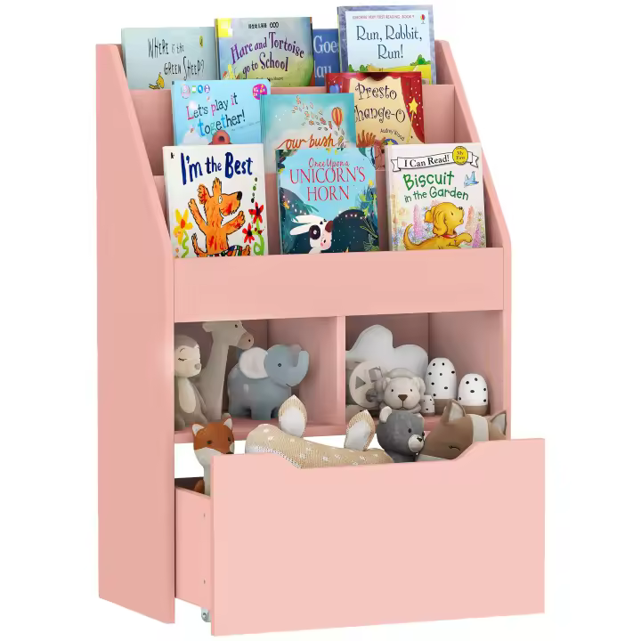 HOMCOM Estantería Infantil de Madera con 3 Compartimentos 2 Cubos y Cajón Móvil con 4 Ruedas Librería Infantil para Habitación de Niños Sala de Juegos 60x29,9x90 cm Rosa - 1