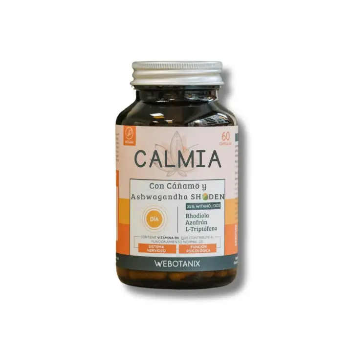 WeBotanix  Calmia Día 60 Cápsulas Naturales  Ashwagandha + Rhodiola + Azafrán + L-Triptófano + Cáñamo + B6  Antiestrés y Anti Ansiedad Natural  Energía y Concentración  Vegano - 1
