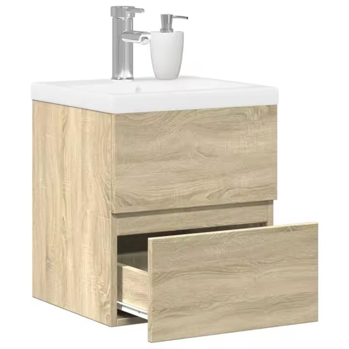 vidaXL Set muebles de baño 2 piezas madera contrachapada en color Gris hormigón/Roble Sonoma | almacenamiento funcional diseño moderno para baño dormitorio sala - 1