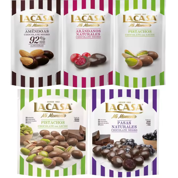 Lacasa Mi Momento pack de 5:Arándano  Negro 60 G,Pistacho  Leche 50 G,Almendra 92% 65 G,Pasas  Negro 150 G,Pistacho  Leche 100 G - 1