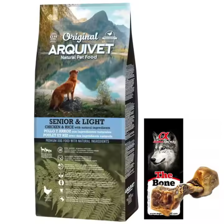 Pienso para Perros Original Senior & Light + Hueso de jamon - Adultos Mayores - Pollo y arroz - Comida para Perros - Alimento seco para Perros - Alimentación Canina - Pienso Saludable Arquivet - 1