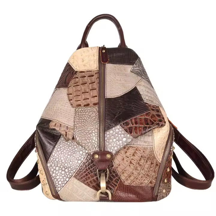 Mochila De Cuero Genuino Con Espalda Multicolor Y Contraste Gran Capacidad Para Viajes Mochila Casual Para Mujer - 1
