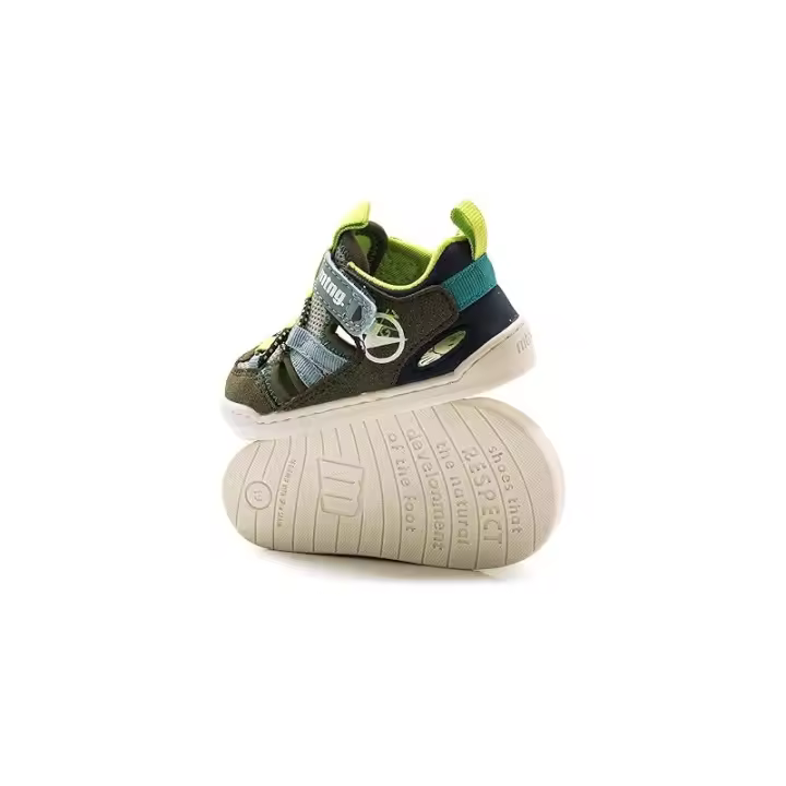 Mustang - Sandalias Barefoot para Niño - Verde Kaki con Detalles Azules y Amarillo Neón - Estilo Cangrejera Ventilada - 1