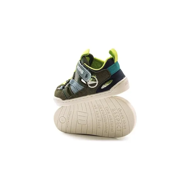 Mustang - Sandalias Barefoot para Niño - Verde Kaki con Detalles Azules y Amarillo Neón - Estilo Cangrejera Ventilada - 1
