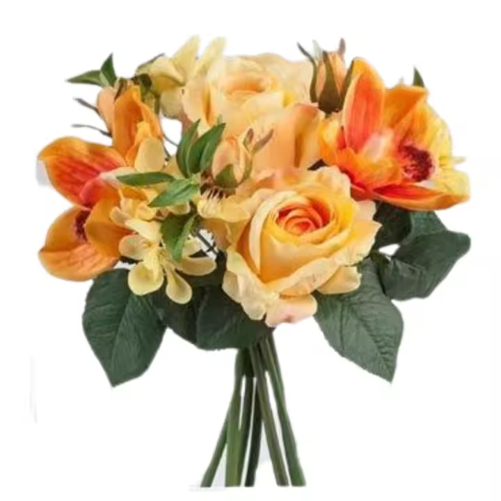 RAMO FLORES BOUQUET ROSAS CABBAGE Y ORQUIDEAS 34 CM. SALMON AMARILLO Y NARANJA INTERIOR Y EXTERIOR FC04795 - 1