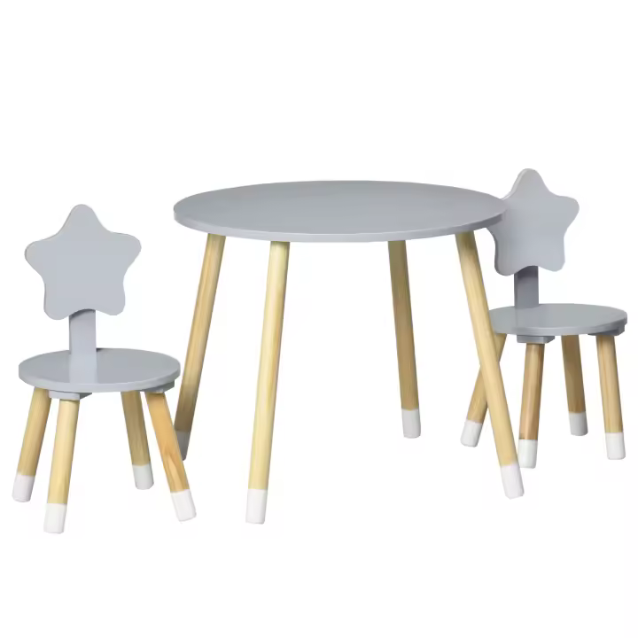 HOMCOM Juego de Mesa y 2 Sillas de Madera para Niños con Mesa Redondo Ø59x50 cm y Sillas Ø28x51 cm Muebles Infantiles para Sala de Juego Dormitorio Gris - 1