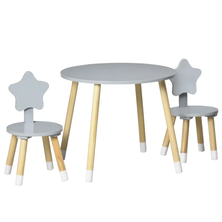 HOMCOM Juego de Mesa y 2 Sillas de Madera para Niños con Mesa Redondo Ø59x50 cm y Sillas Ø28x51 cm Muebles Infantiles para Sala de Juego Dormitorio Gris - 1