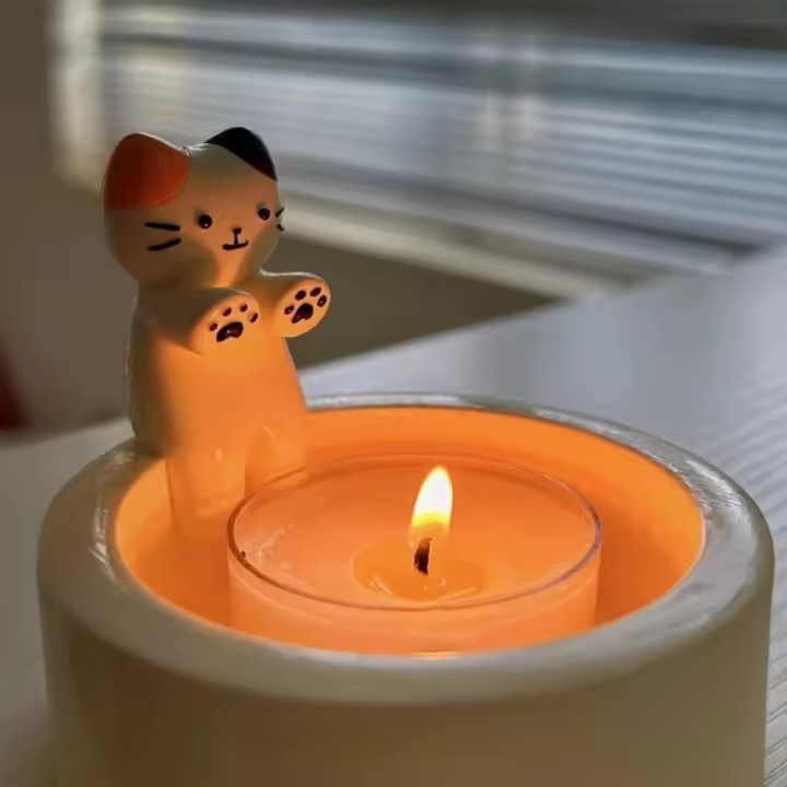 Soporte De Vela De Gato Cartoon Con Patas Calientes Lindo Portador De Luz Aromaterapia De Escritorio Cerámica Y Enamel Tamaño 9*7*7cm - 1