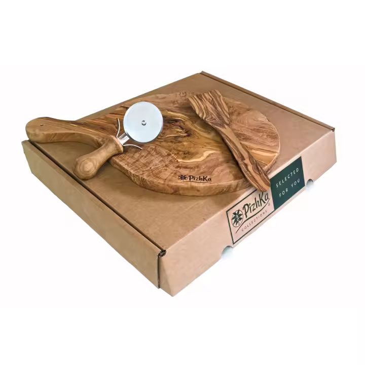 Pizhka - Set para Pizza en Madera de Olivo 30cm + Espátula Ranurada 30cm y Cortador de Pizza - 1