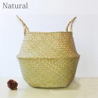 Cesta De Almacenamiento Tejida De Hierba De Mar Natural Hecha a Mano Plegable Para Ropa Y Lavandería Cesta De Paja De Resina Rattan Con Flor Bolsa De Playa - details 6