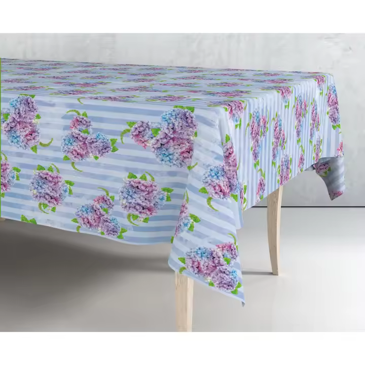 Mantel de hule estampado por metros - Flores hortensias rayas 43304-1    mantel por metros; manteles; mantel barato; mantel jardín - 1