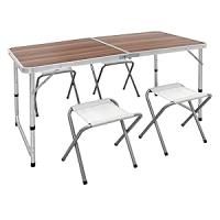 Mesa de Camping Plegable con 4 Taburetes 120 x 60 x 55/63/70cm Altura Ajustable Juego de Muebles Multiusos de Acampada Mesita con Bisagras de Aluminio y MDF Mobiliario de Picnic - details 2